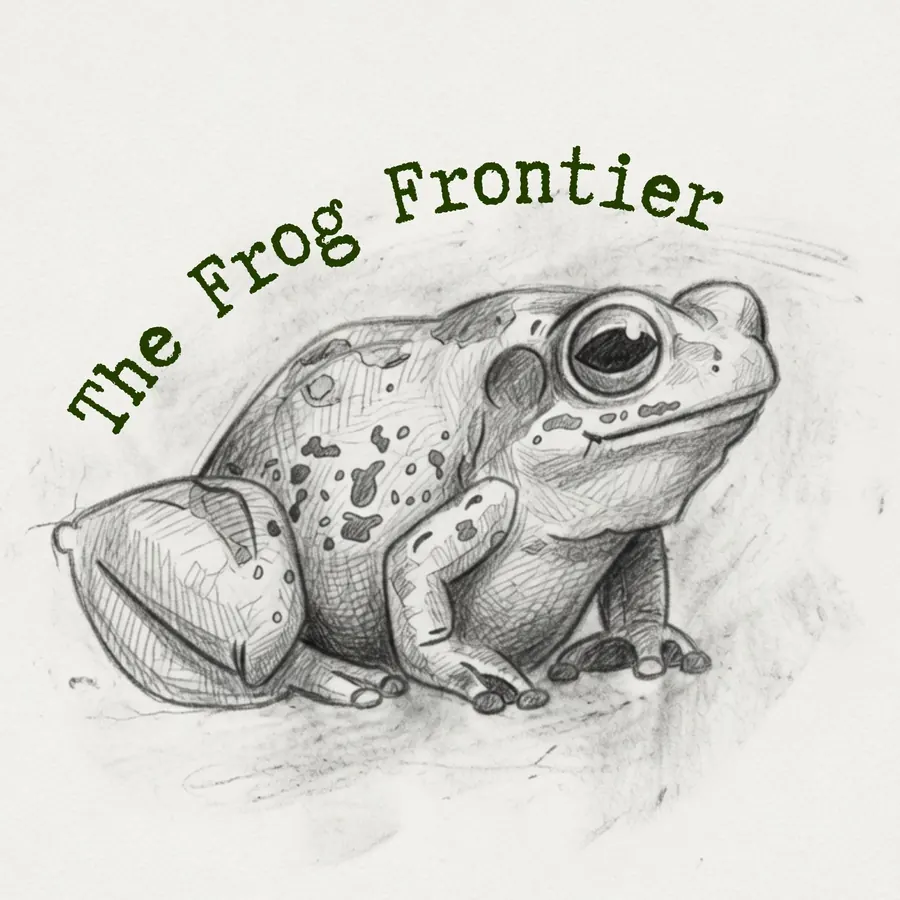 The Frog Frontier: a pencil drawing of a tree frog sitting beside a leaf.